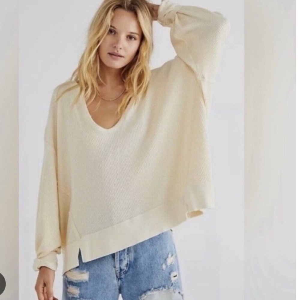 We‎ The Free Santa Clara Free People Thermal Top Small Ivory Waffle Knit V-Neck